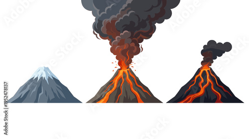 Set of volcano eruption stages from dormant snow capped mountain to active erupting lava and smoke clouds geological natural disaster vector
