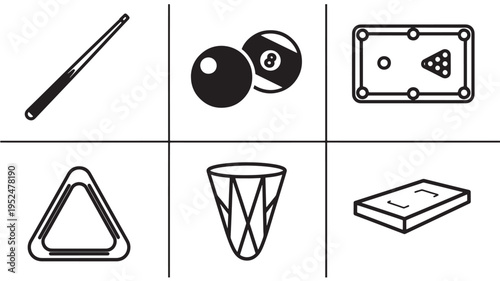 A set of black line art icons depicting pool table objects isolated on a white background, suitable for use in graphic design, illustration, or educational materials.