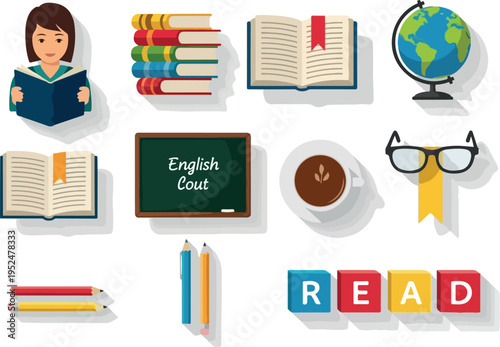 Collection of educational icons showcasing books, a globe, glasses, pencils, and a cup of coffee, perfect for learning and study themes