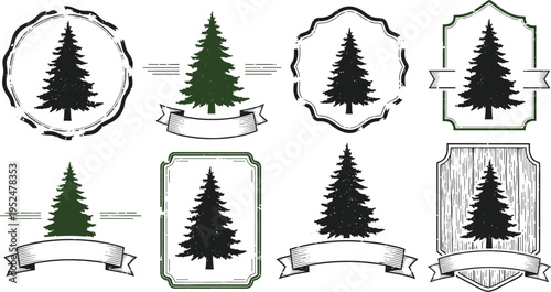 Pine Tree Badge and Logo Collection with Vintage Frames, Ribbons, and Forest Emblems for Nature Branding Vector Design