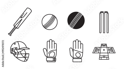 Professional cricket thin line icon set featuring a bat, ball variations, stumps with bails, helmet, batting gloves, and a stadium field. Minimalist black and white vector illustration for athletes