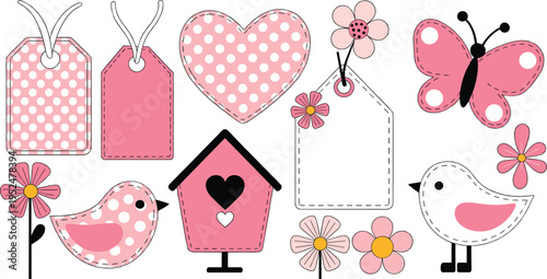 Flat vector set of cute pink garden scrapbook elements featuring birds flowers butterfly birdhouse and blank tags isolated on white background for wedding and greeting card design projects