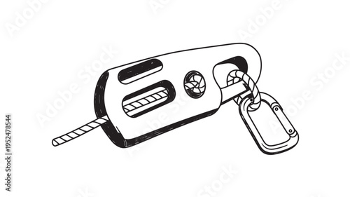 a simple black line art illustration of a mechanical device with a rope and carabiner isolated on white background, useful for design, engineering, or educational purposes