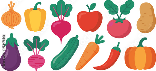 Flat vector set of organic vegetable and fruit icons including onion pepper beet apple tomato potato eggplant carrot chili and pumpkin isolated on white background for food graphic design.