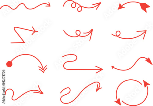 Red hand drawn doodle arrow set, isolated sketchy directional pointers and swoop swirls