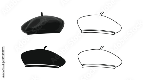 Four berets in black and white line art on a plain white background.