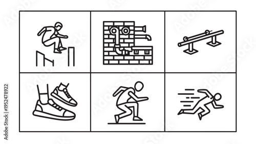 Thin line icon set for parkour featuring jumping over obstacles, urban brick wall climbing, balance rails, athletic sneakers, and sprinting figures. Minimalist black and white vector illustration