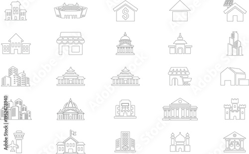 Outline Icons Collection of Various Buildings and Architectural Styles  house, apartment, office, shop, government, stadium, temple, school, city, urban, structure on White Background