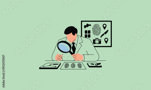 A forensic scientist examines evidence with a magnifying glass analyzing clues and data high quality