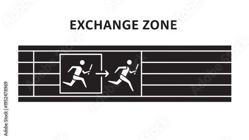 a black and white sign indicating exchange zone for relay race on a running track