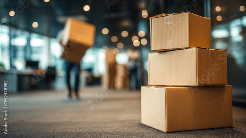 Stacked cardboard boxes in modern office interior with moving workers carrying packages relocation and delivery service concept