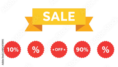 Graphic illustration of a yellow sale banner with percentage discounts on a white background.