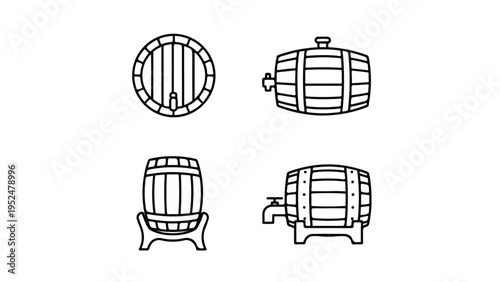 Four black line drawings of wooden barrels on a white background with various perspectives and orientations.