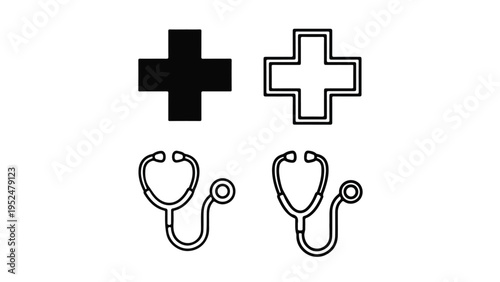 Line art illustration of medical icons including stethoscopes and crosses on a white background.