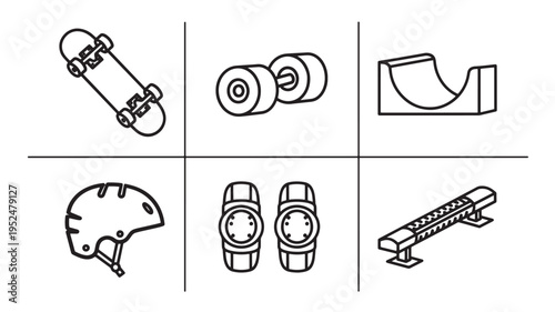 Skateboarding and Extreme Sports Icon Set: Minimalist Vector Line Art Illustrations of Skateboard Deck, Wheels, Halfpipe Ramp, Protective Helmet, Knee Pads, and Grind Rail for Skate Park Design Projec
