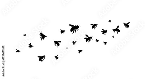 Swarm of black bee silhouettes flying on white background