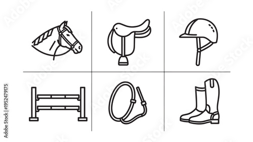 Equestrian Sports and Horse Riding Icon Set: Minimalist Vector Line Art Illustrations of Horse Head, English Saddle, Protective Riding Helmet, Show Jumping Fence, Whip, and Tall Leather Boots