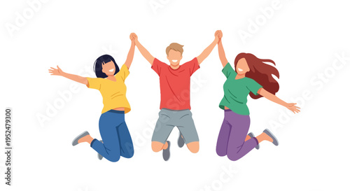 Three diverse young people jumping happily holding hands