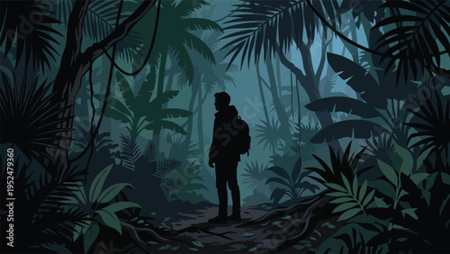 Adventurer in Lush Jungle, Exploring Exotic Tropical Rainforest, Ecotourism