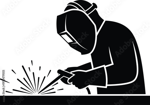 A welder in protective gear working on a metal piece with sparks flying