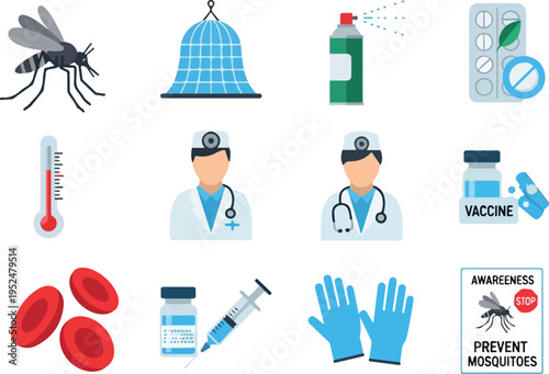 Collection of illustrations and icons related to mosquito control, disease prevention, and healthcare, including medical professionals, vaccines, and protective gear