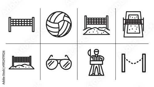 Comprehensive beach volleyball icon set featuring a volleyball, net, sand court, referee on a high stand, sunglasses, and court boundaries. Minimalist vector illustration for summer sports and outdoor