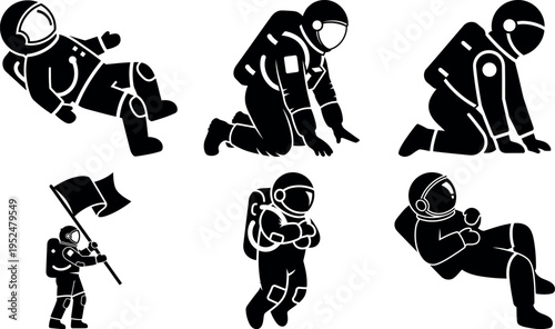 Funny cartoon astronauts in various poses and activities isolated illustration set