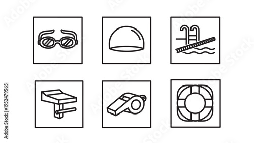 Set of minimalist line icons for swimming and water sports including goggles, swim cap, pool ladder, starting block, coach whistle, and lifebuoy ring for fitness, competition, and safety designs