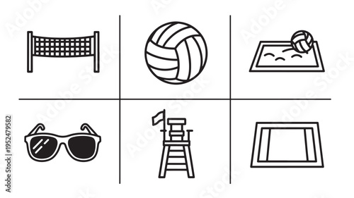 A set of six minimalist beach icons including volleyball net, ball, towel, sunglasses, lifeguard chair, and a picture frame, perfect for design and decoration.