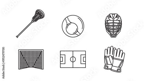 A minimalist black line art illustration of various sports equipment isolated on a white background, including a lacrosse stick, baseball, hockey helmet, goal net, soccer field, and goalie gloves.