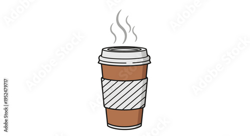 Disposable paper coffee cup with lid and protective sleeve featuring steam lines in a clean flat illustration style for takeaway beverage concepts and branding