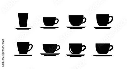 Eight silhouette icons of coffee and tea cups with saucers showing different sizes and handle variations