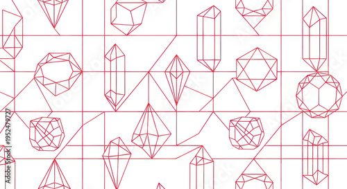 Geometric Crystal Shapes, Wireframe Gems, Abstract Diamond Pattern, Minimalist Red Lines