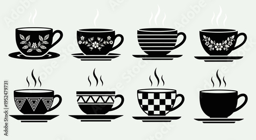 Ornate coffee cup collection with decorative patterns including floral motifs stripes checkerboard and geometric triangles on ceramic mugs with saucers and steam