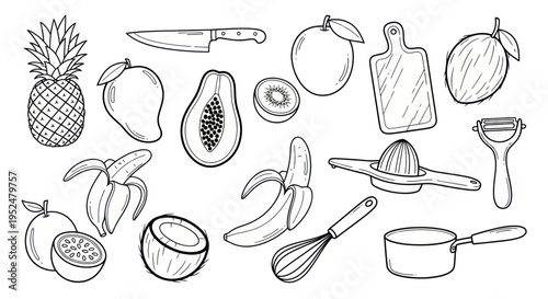 Hand-Drawn Fruit and Kitchen Utensils Sketch Collection