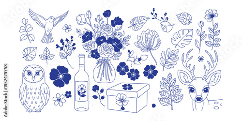 Whimsical forest creatures and florals illustration