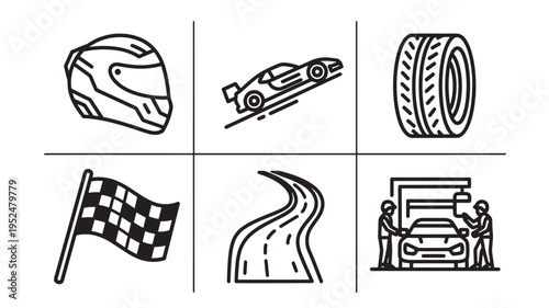 a minimalist grid of six black line art illustrations on a white background featuring racing icons including a helmet, race car, tire, checkered flag, road, and people servicing a car