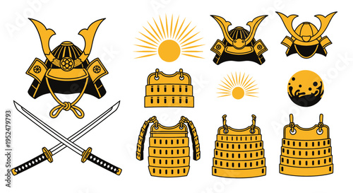 Samurai Armor and Swords Vector Icons: Japanese Warrior Symbols