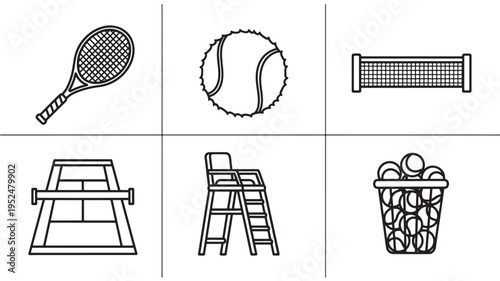 a minimalist grid of black line art illustrations isolated on white background featuring various tennis related objects