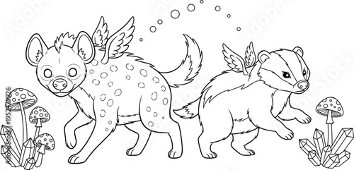 Fantasy winged hyena and badger line art vector illustration with magical creatures, detailed outline animals and coloring page design