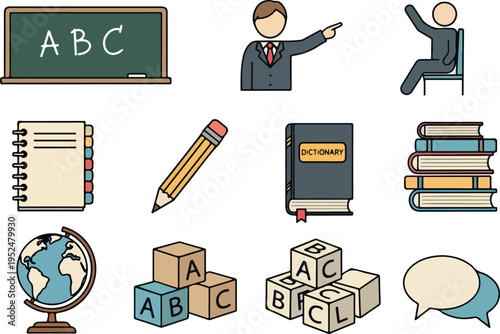 A comprehensive set of school and education icons including a blackboard, teachers, books, and learning tools on a white background