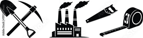 Black and white silhouette of various tools and equipment