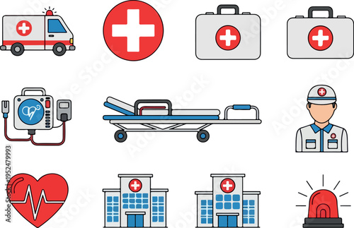 Medical Icons Set Ambulance, First Aid Kit, Stretcher, Doctor, Heartbeat, Hospital Buildings, and Siren Light