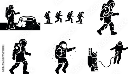 Collection of astronauts in various space exploration activities isolated illustration