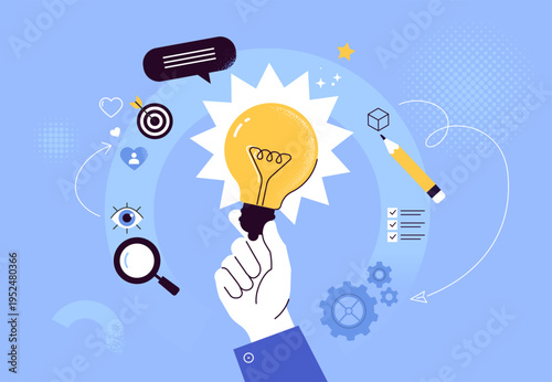 Design Thinking Concept. Hand holding glowing light bulb with creative icons around. Idea generation, innovation, research, analysis, problem solving, and creativity in modern flat vector style.