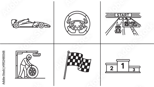 A set of six minimalist line art icons depicting racing and speed concepts, including a race car, steering wheel, starting line, pit stop, checkered flag, and podium, on a clean white background.