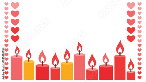 Warm glowing candles with hearts create a romantic festive atmosphere, soft light decoration for love celebration, cozy mood concept for Valentine day and special occasions isolated on background.