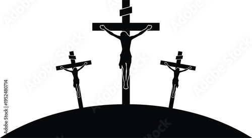 Black silhouette illustration of three crosses on Calvary hill representing the crucifixion of Jesus Christ for Good Friday, Easter, and Christian religious concepts.