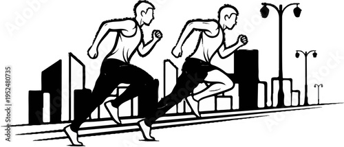 Two athletes sprint past city skyline buildings and streetlights