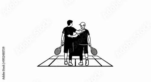 Two athletes with rackets stand on a court, one with arm around other
